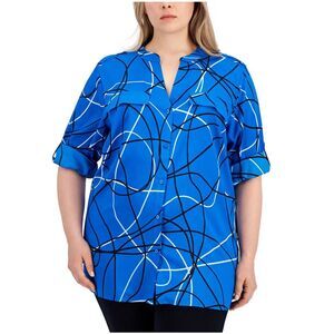 Calvin Klein Womens Plus Size Printed Roll Sleeve Button Up Shirt, NWT